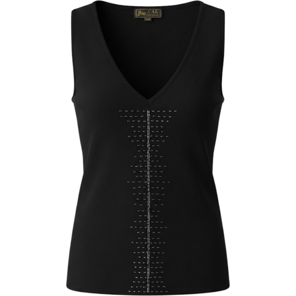 Cal Fashion Black Ribbed Knit Beaded V-Neck Tank Top Size XXL/XXXL